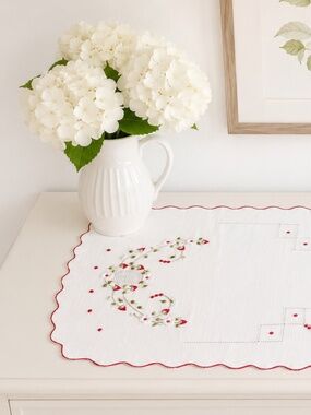 Vintage Embroidered Strawberry Table Topper Cottagecore Farmhouse Scalloped Edge